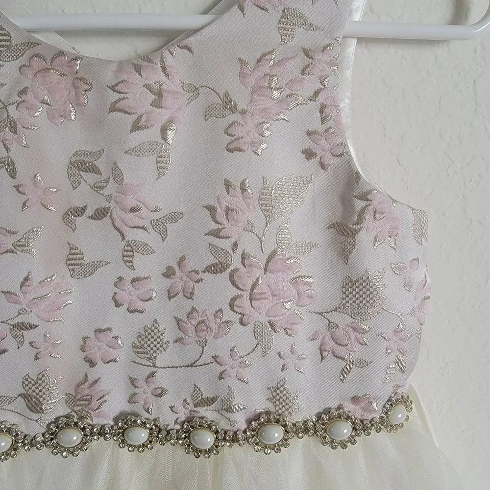 Couture Princess Girls Ivory Tulle Size 8 Pink-Gold Floral Brocade/rhinestone - Picture 7 of 7